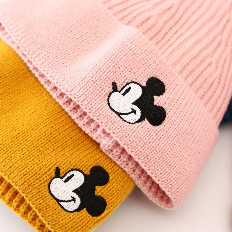 Disney Children\'s Hat Cute Cartoon Mickey Mouse Embroidered Woolen Hat Beanie Boys Girl Unisex Warm Winter Knitted Hat Kids Gift