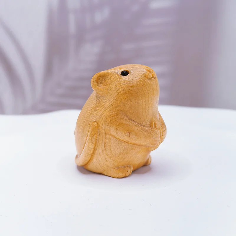 Cliff Thuja Carved Chinese Zodiac Rat Figurine Portable Hand Piece Car Office Desk Wooden Animal Miniature Decoration Craft Gift