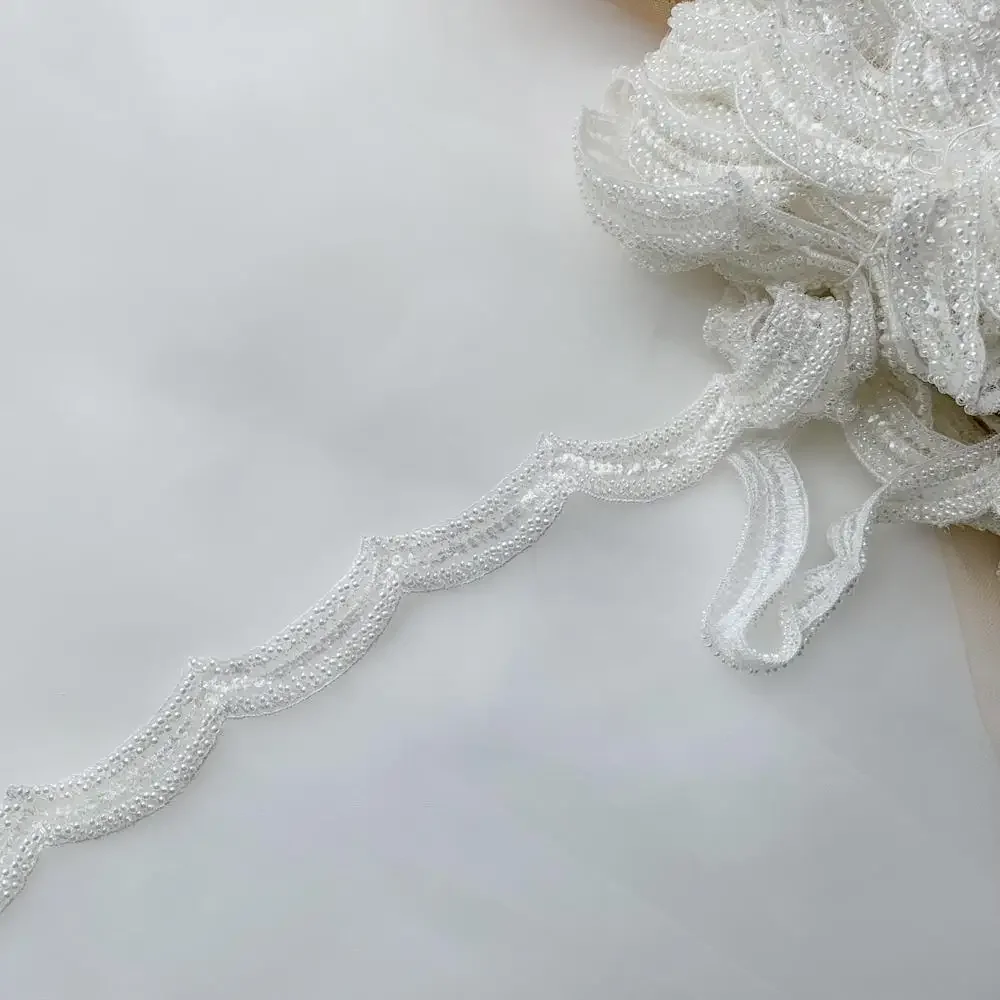 5 Yards High Quality  Luxury Full Bead Narrow Lace Barcode DIY Beige Artificial Silk Material Wedding Veil Wave Lace Accessories