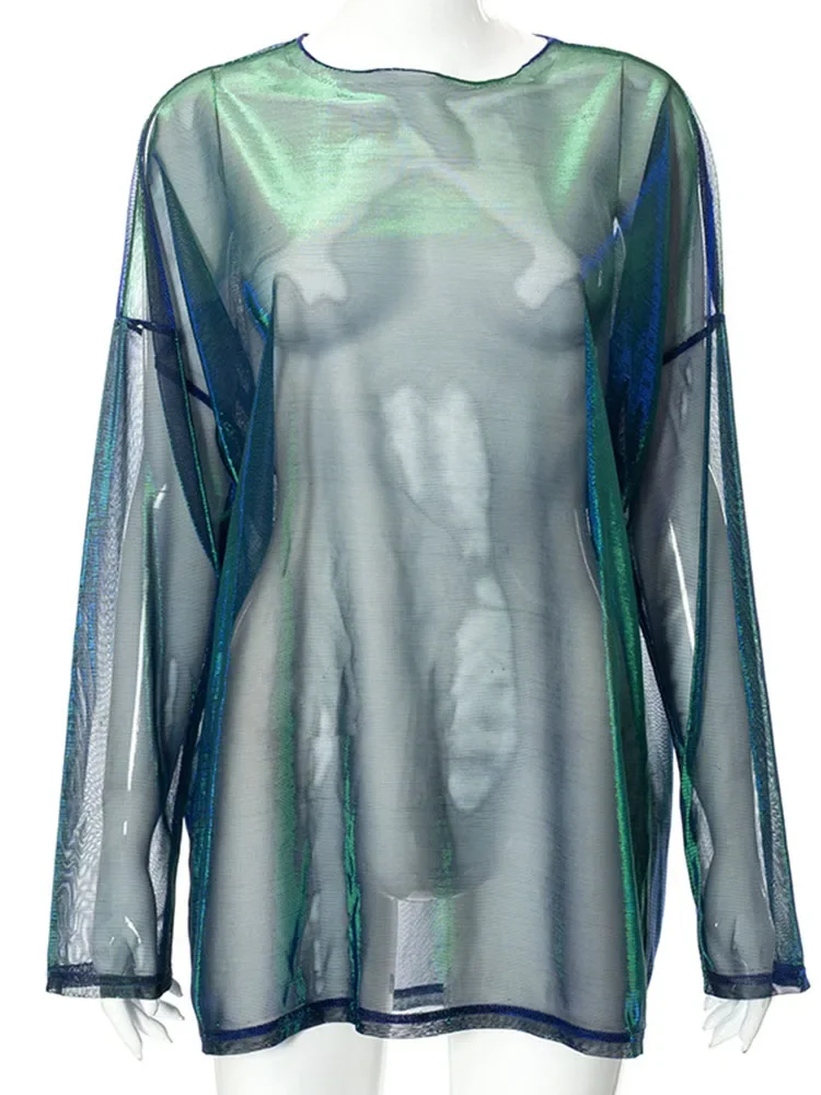 Solidna Prześwitująca Koszulka Damska Sexy Bluzki Dekolt O-Neck Długi Rękaw T-Shirt Damska Odzież Klubowa Y2k Estetyka Egirl Tees