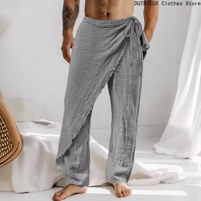 

Spring/Summer Men's Long Pants Cotton and Linen Asymmetrical Casual Loose Breathable Vacation Pants Trendy Artistic Trousers