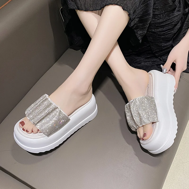 7CM Comfortable Platform Sandals Women Summer Fashion Rhinestone Chunky Slippers Woman Non Slip Thick Bottom Sandalias Mujer