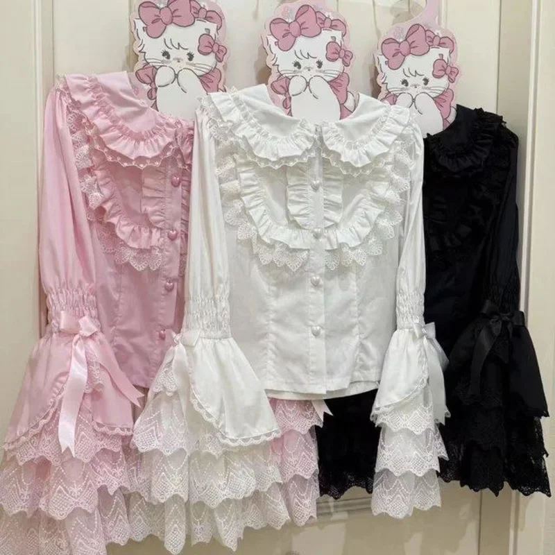 Rabbit Ear Lace Bow Top Love Y2K Lolita Sweet Hollow Undercover Interior Shirt Doll Sensational Girlfriend Women Long Sleeve Tee