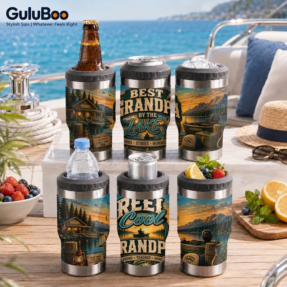 Reel Cool Grandpa Vacuum Flasks 4-in-1 Stainless Steel Can Cooler Insulated Beer Soda Coffee Holder Dual Lids Fits 12oz