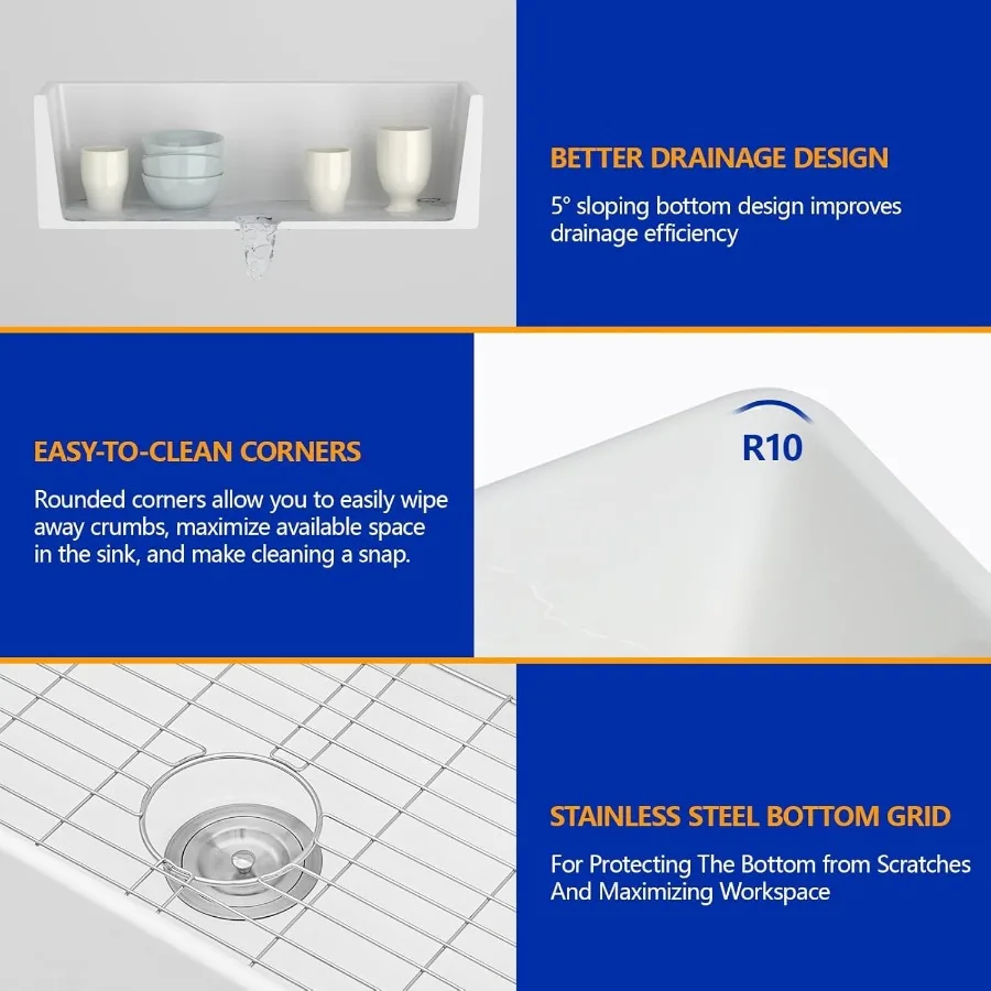 حوض مطبخ للمزرعة مقاس 30 بوصة مع تصميم أمامي لامع من البورسلين الأبيض اللامع حوض واحد مثالي للحديث والحديث