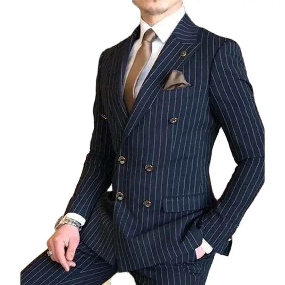 Handsome Navy Blue Suits for Men Peak Lapel Double Breasted 2 Pieces Jacket Pants Costume Homme Terno Prom Party Male Clothing