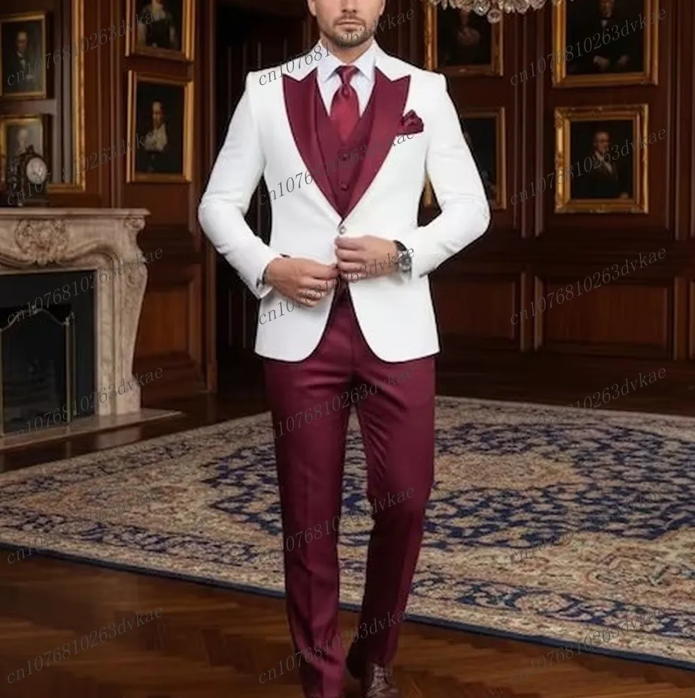 جديد الأبيض والعنابي الرجال دعوى حفل زفاف رسمي العريس وصيف حفلة موسيقية الأعمال الذكور البدلات الرسمية 3 قطعة مجموعة سترة سترة السراويل #1