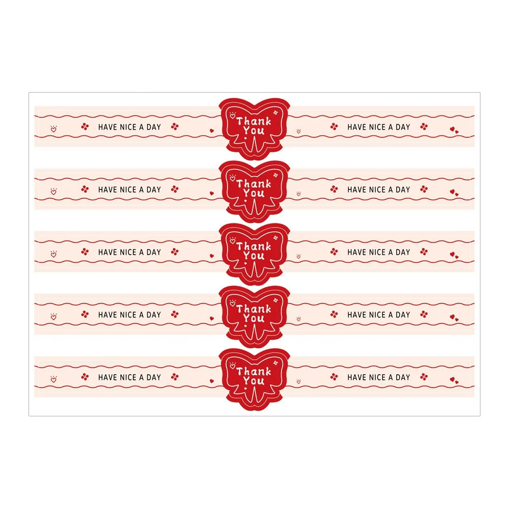 

50PCS/Pack Bowknot Thank You Sealing Stickers Red Pink Long Strip Cake Box Decoration Sticker Have a Nice Day Self-Adhesive