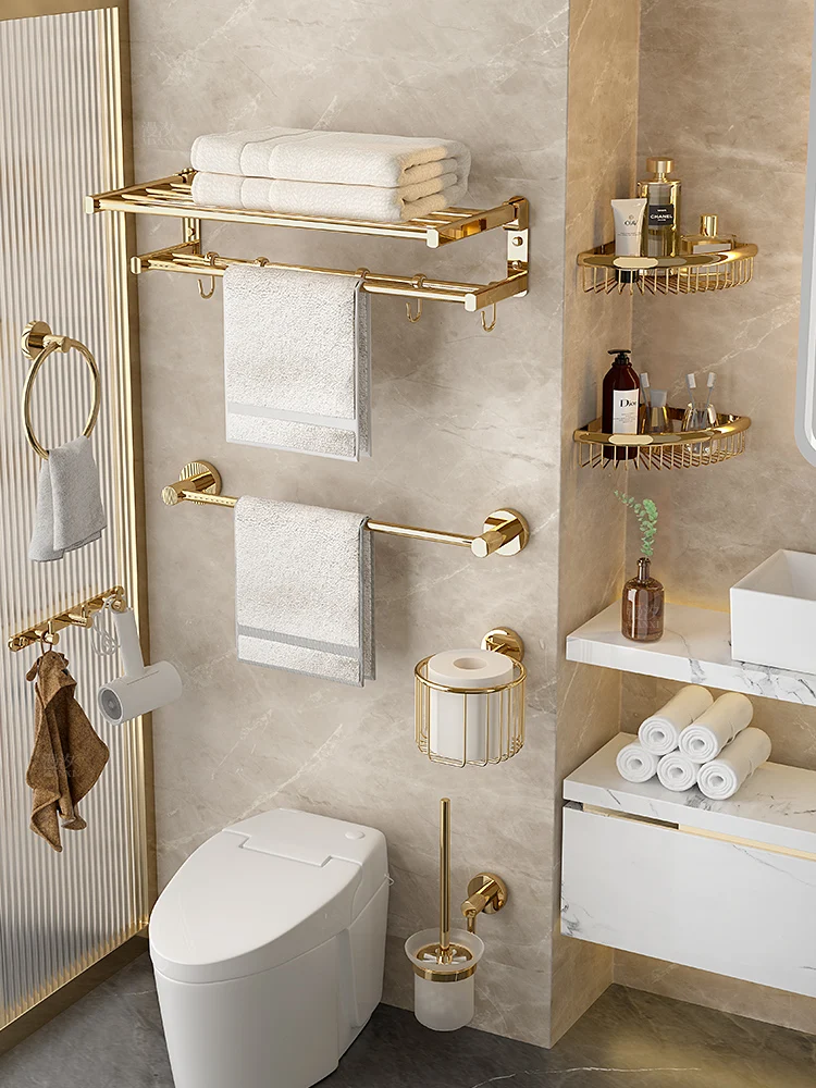 All-copper towel rack bathroom non-perforated bathroom shelf gold light luxury bathroom wall-mounted integrated towel rack