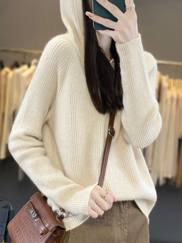 

Autumn Winter Women100% Merino Wool Pullover Soft Warm Hooded Sweater Jumper Zipper Knitted Knitwear Long Sleeve Cashmere Hoodie