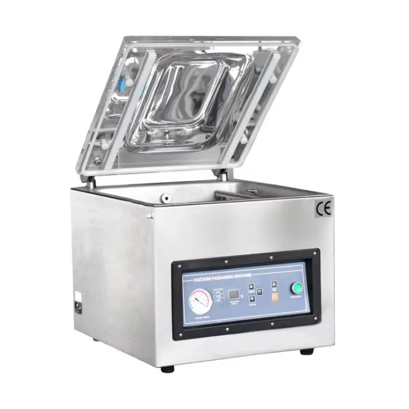 เครื่องบรรจุภัณฑ์สุญญากาศแบบอัตโนมัติเต็มรูปแบบสำหรับปลาแช่แข็งแบบห้องเดียว รุ่น VM400TE ใช้ระบบลม