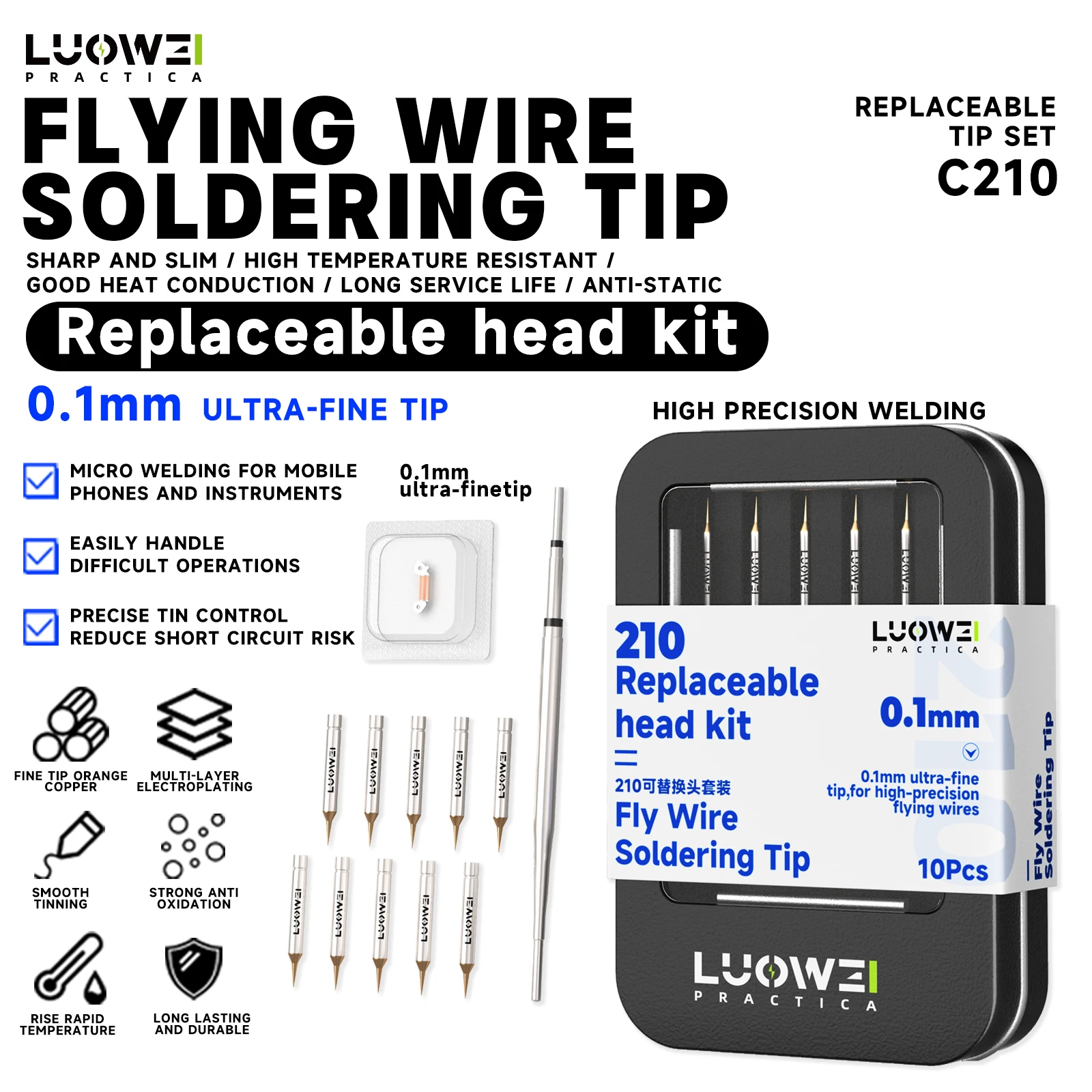 LUOWEI LW-C210 10PCS Fly Wire Soldering Tip Kit 0.1mm Replaceable Bent Pointed Knife Tips for Phone PCB Repair Tool