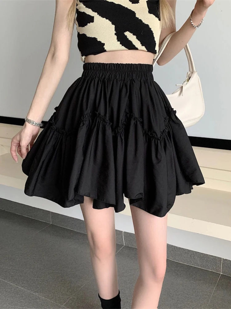 HOUZHOU Kawaii Mini faldas mujeres blanco hongo Patchwork verano 2024 dulce lindo Falda plisada negro gótico Lolita estilo Preppy Y2k