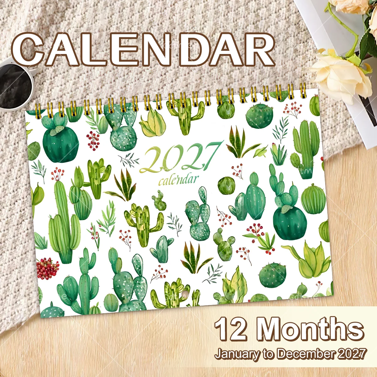 

2027 Cactus Wall Calendar Green Succulent Plant Pattern Spiral Hanging Monthly Planner Minimalist Home Bedroom Office Decor Gift