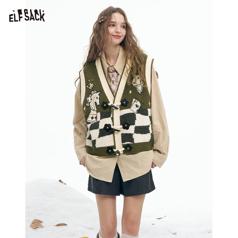 ELFSACK 2025 الشتاء الوافدين الجدد عارضة فضفاض الرسم القرن تبديل زر الخامس الرقبة سترة للمرأة #1