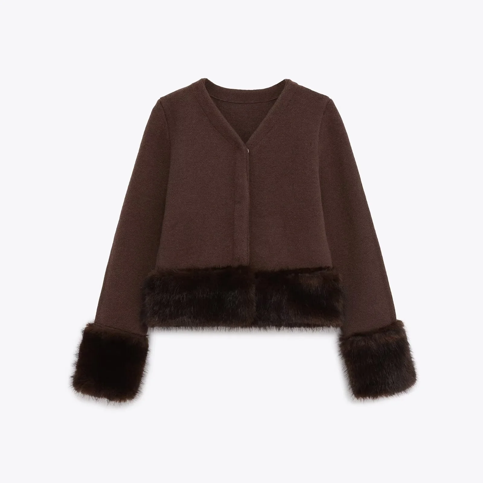 

2025 Winter New Women's Casual Fashion Short Comfortable Patchwork Fur V-neck Coat Elegant Long-sleeved Knit Top