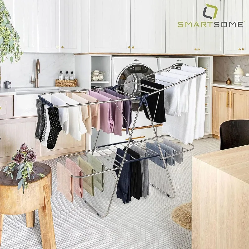 Clothes Drying Rack Foldable - 2 Level Stainless Steel Laundry Drying Rack with Height-Adjustable Wings, 33 Drying Rails