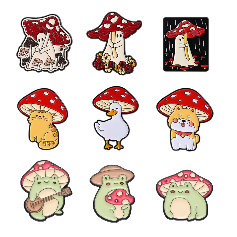 Halloween Mushroom Wandering Ghost Enamel Pins Cute Animal Goose Cat Under Mushroom Cap Brooches Lapel Badge Jewelry Gifts