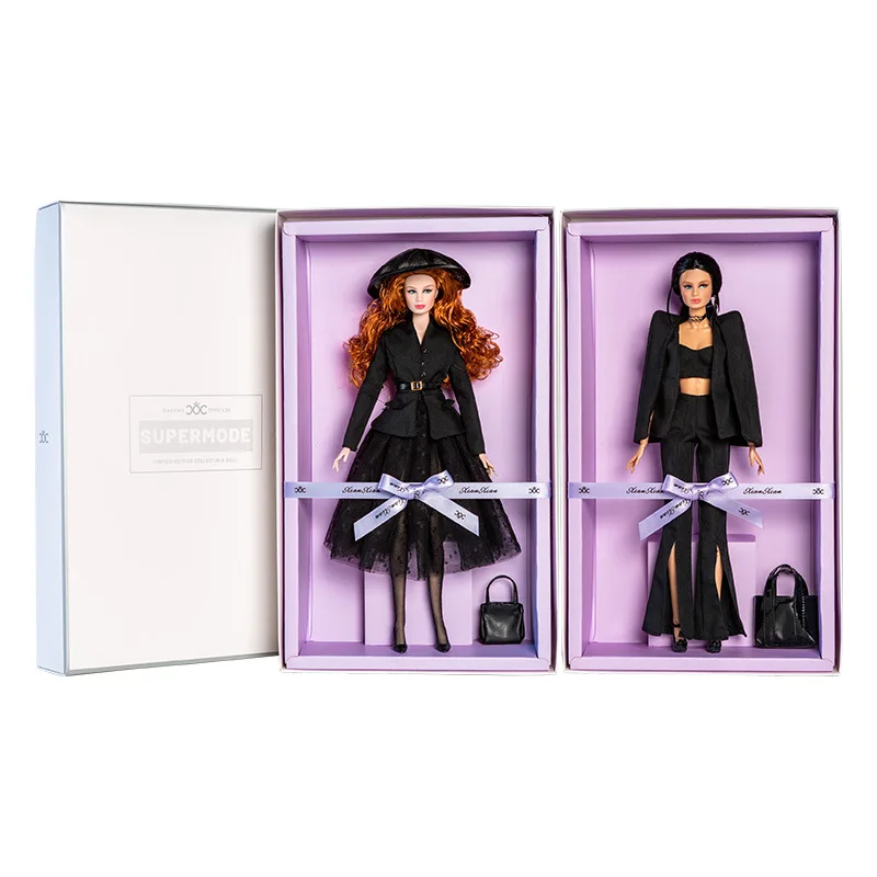 Bambola da supermodelo da 32 cm con vestiti con supporto per bambola, serie di abiti neri alla moda, principessa, vestire, scatola regalo per collezionisti di giocattoli fai da te