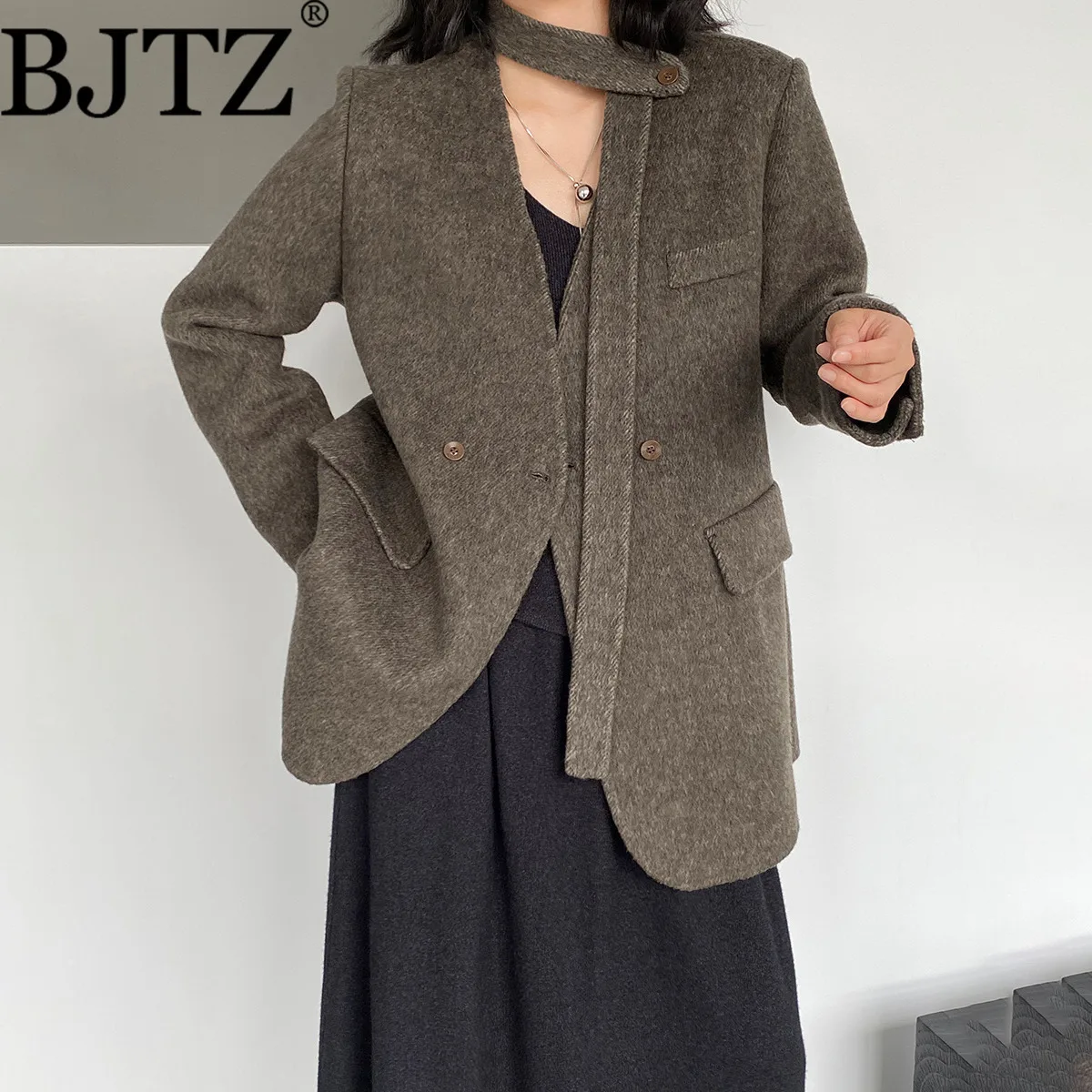 

BJTZ Korean Style Shoulder Ribbon Double-Sided Woolen Coat For Women Winter Versatile Oversized Old Money Style Blazer