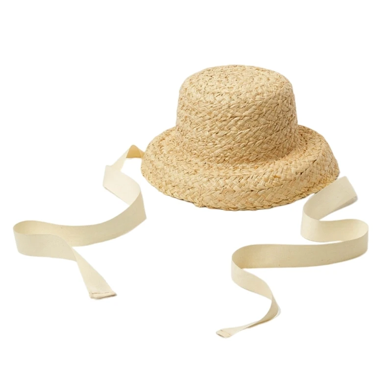 

Straw Hat for Girls Sun Protective Flat Top Hat with Lace-up Strap Breathable Wide Brim Sun Toddler Girl Panama Hat D5QA