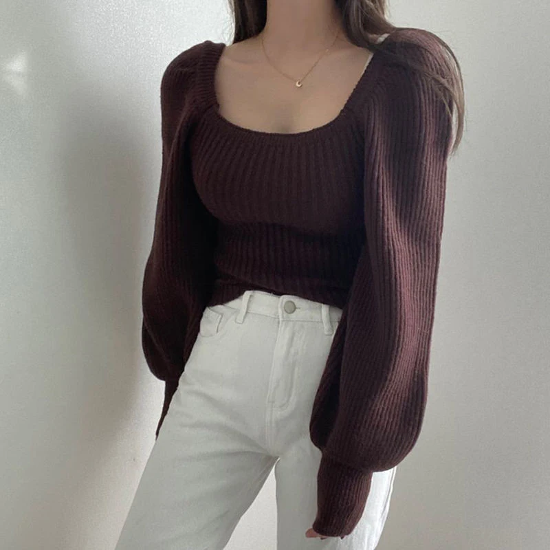 Lucyever Sexy Low-Cut Square Collar Sweater Woman Vintage Puff Sleeve Slim Fit Knitted Jumper Autumn Winter Elastic Knitwear