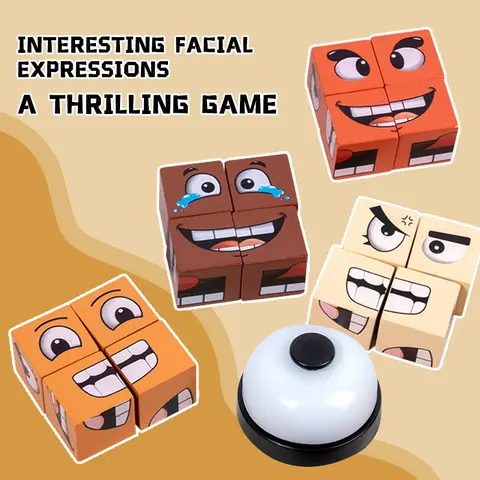 Juego de cubo mágico que cambia la cara de madera con campanas, juego de bloques de rompecabezas de expresión