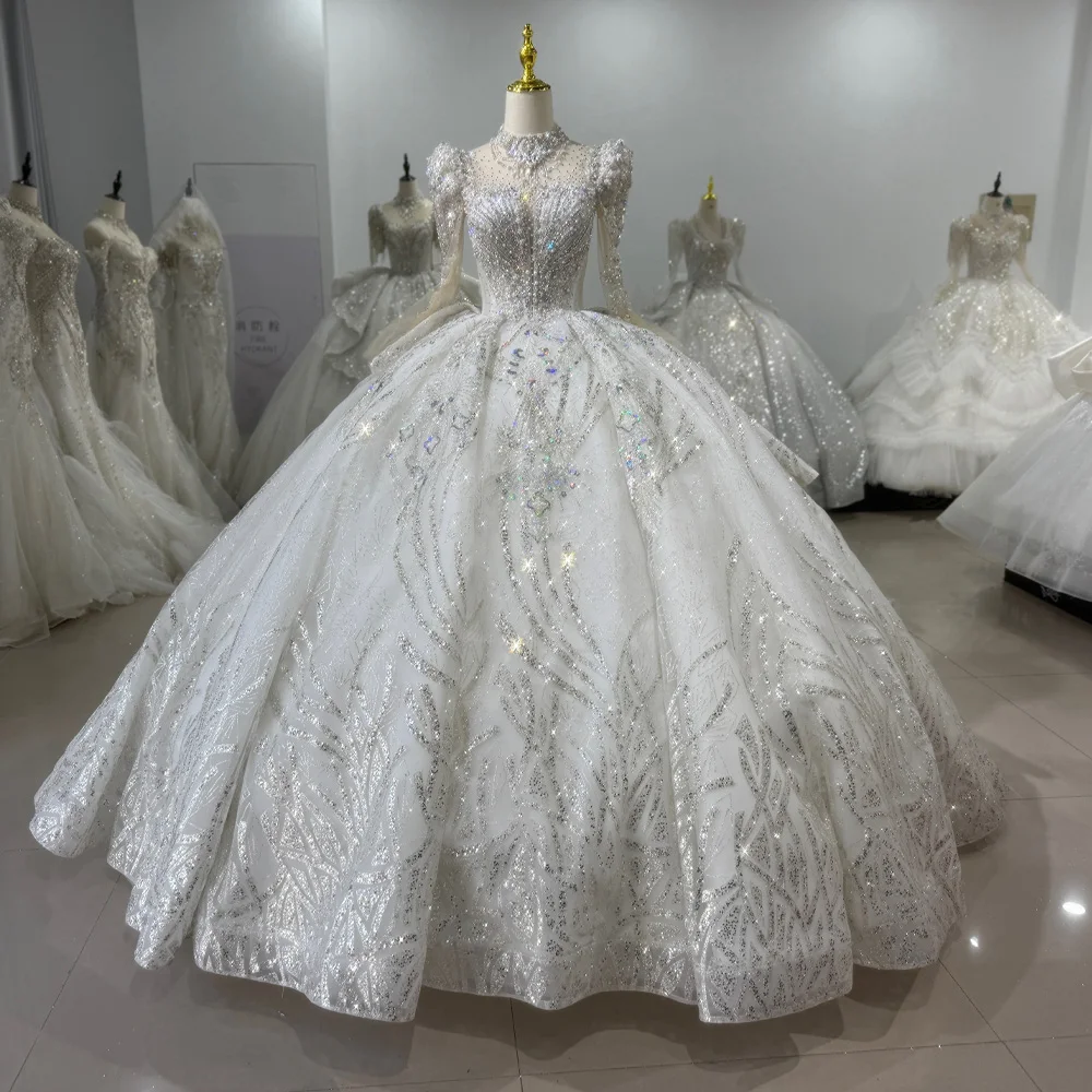 Princess Wedding Dress Long Sleeve O Neck Lace Up Keyhole Back Beading Rhinestones Crystal Ball Gown Bridal Dress