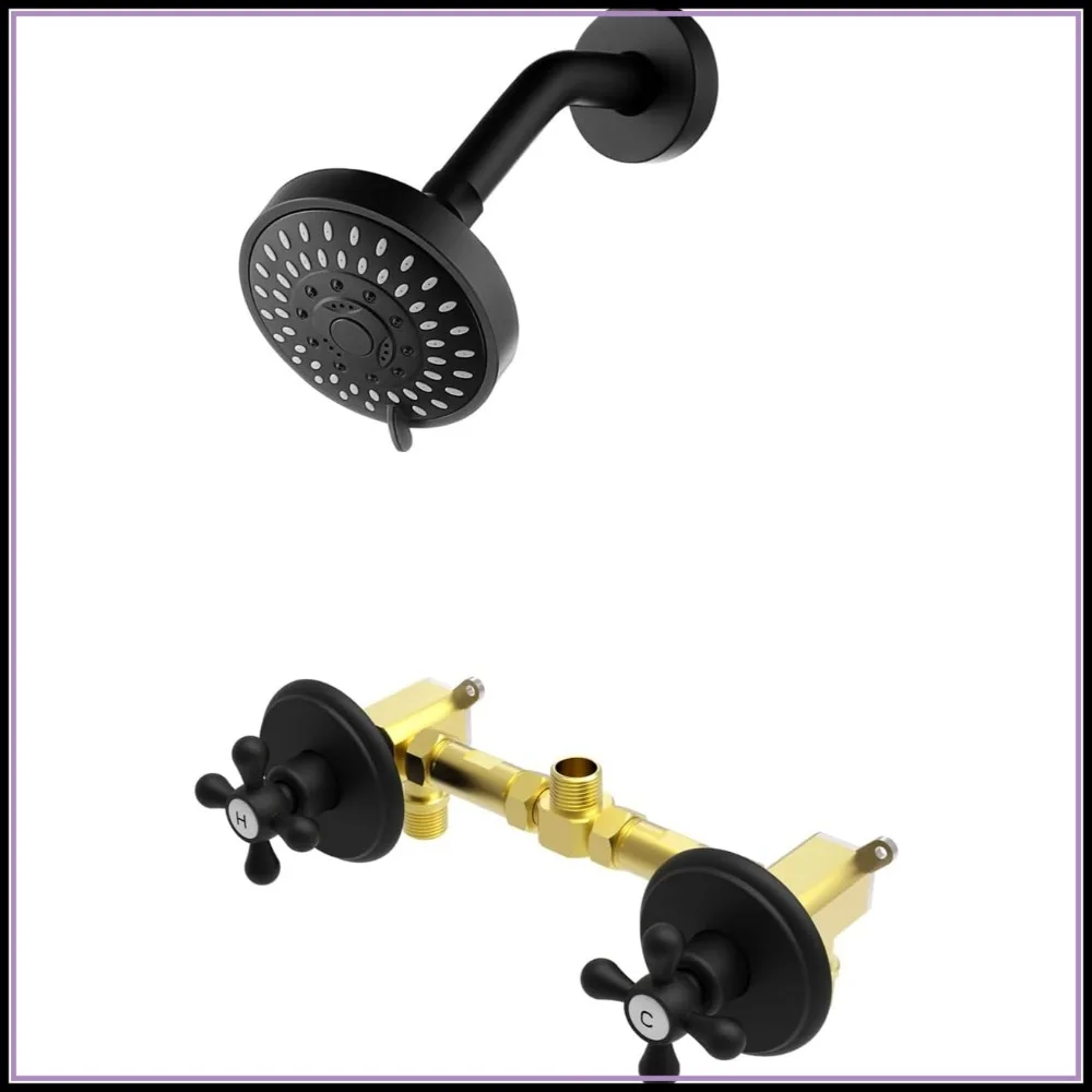 2 Handle Shower Faucet with 5-Mode Shower Head, Matte Black Trim Kit with Rough-in Valve, 8-inch