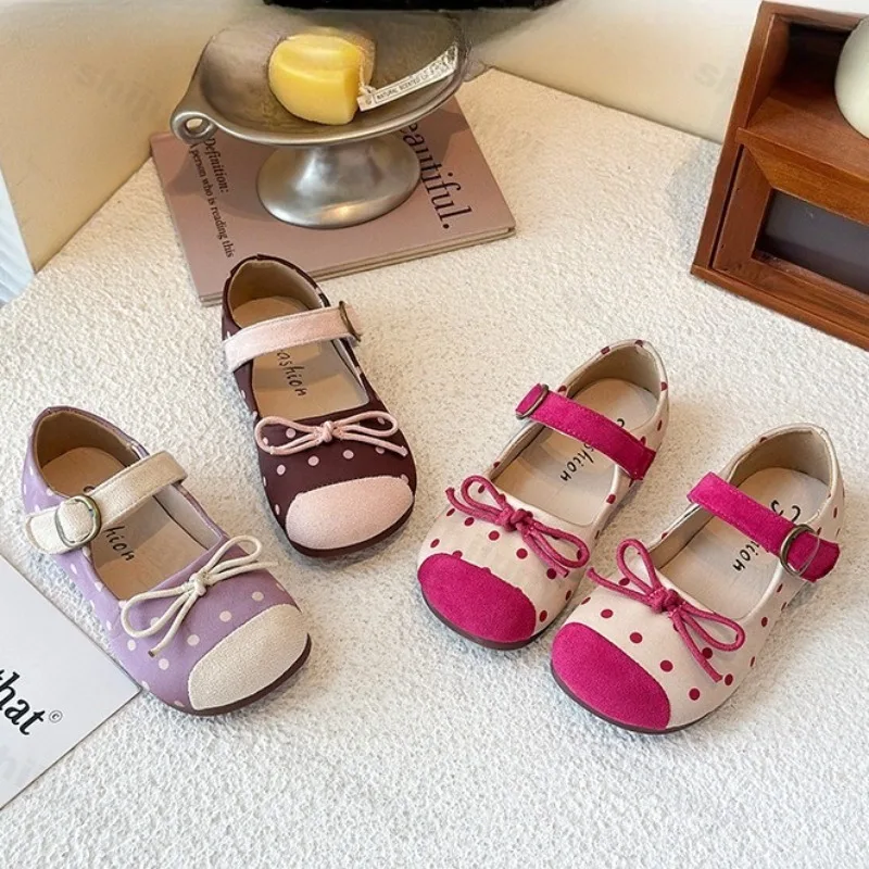 

Girls' Cute Dot Bow Design Shallow Mouth Casual Single Shoes 2025 Autumn Childrens' Fashion Versatile Comfortable Princess Flats