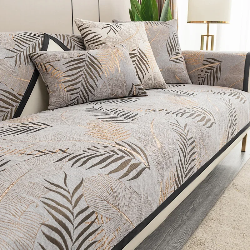 アメリカンスタイルシェニールソファカバー枕カバーアンチスリップコンフォートソファマットユニバーサル柳の葉柄ソファカバークッションタオル