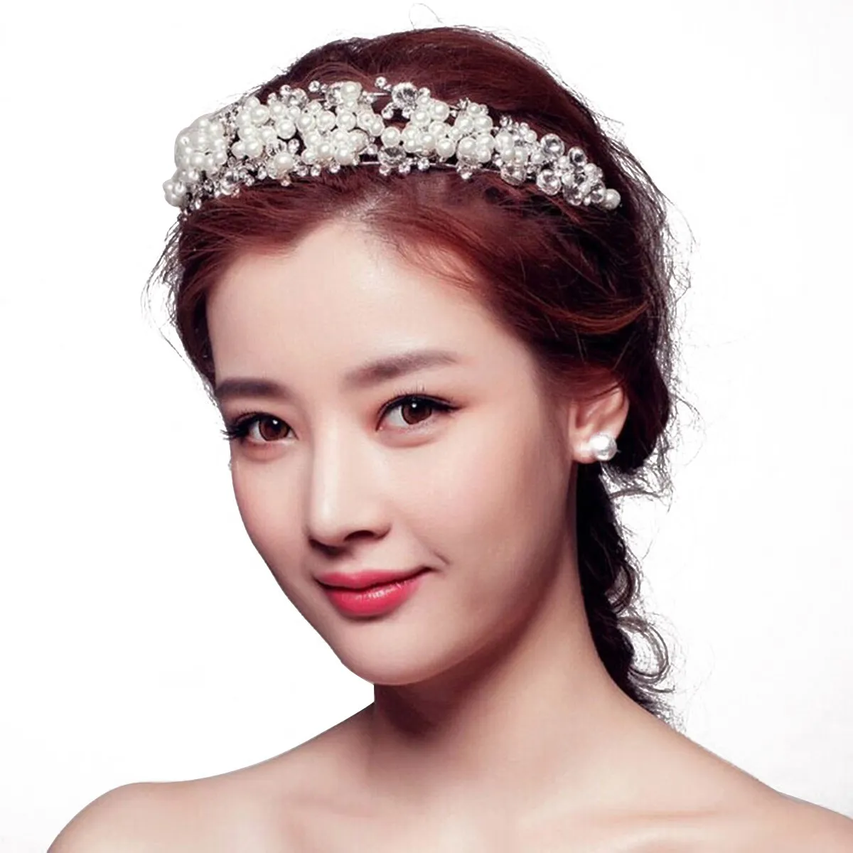 Elegant Women's Pearl Crystal Rhinestone Tiara Headband Bridal Wedding Prom Party Hair Accessory Adjustable Alloy Flower