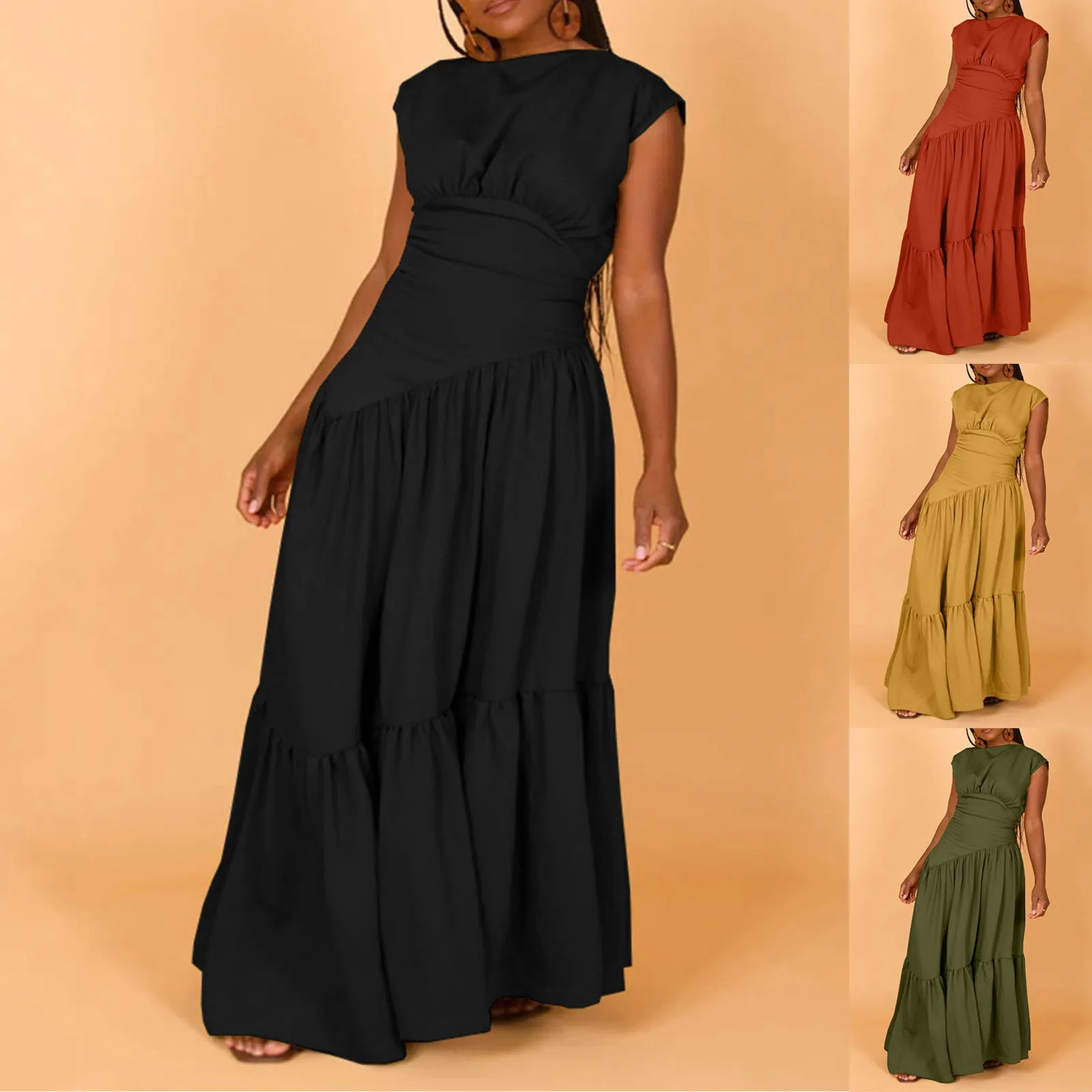 Fashion Solid Irregular Spliced Ruffle Long Maxi Dress For Women 2024 Summer New Elegant O Neck Sleeveless High Waist Dresses