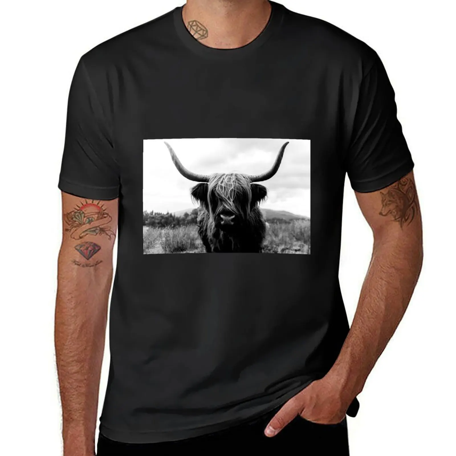 Scottish Highland Cattle - Black and White Animal Photography T-Shirt blanks oversized Men's cotton t-shirt