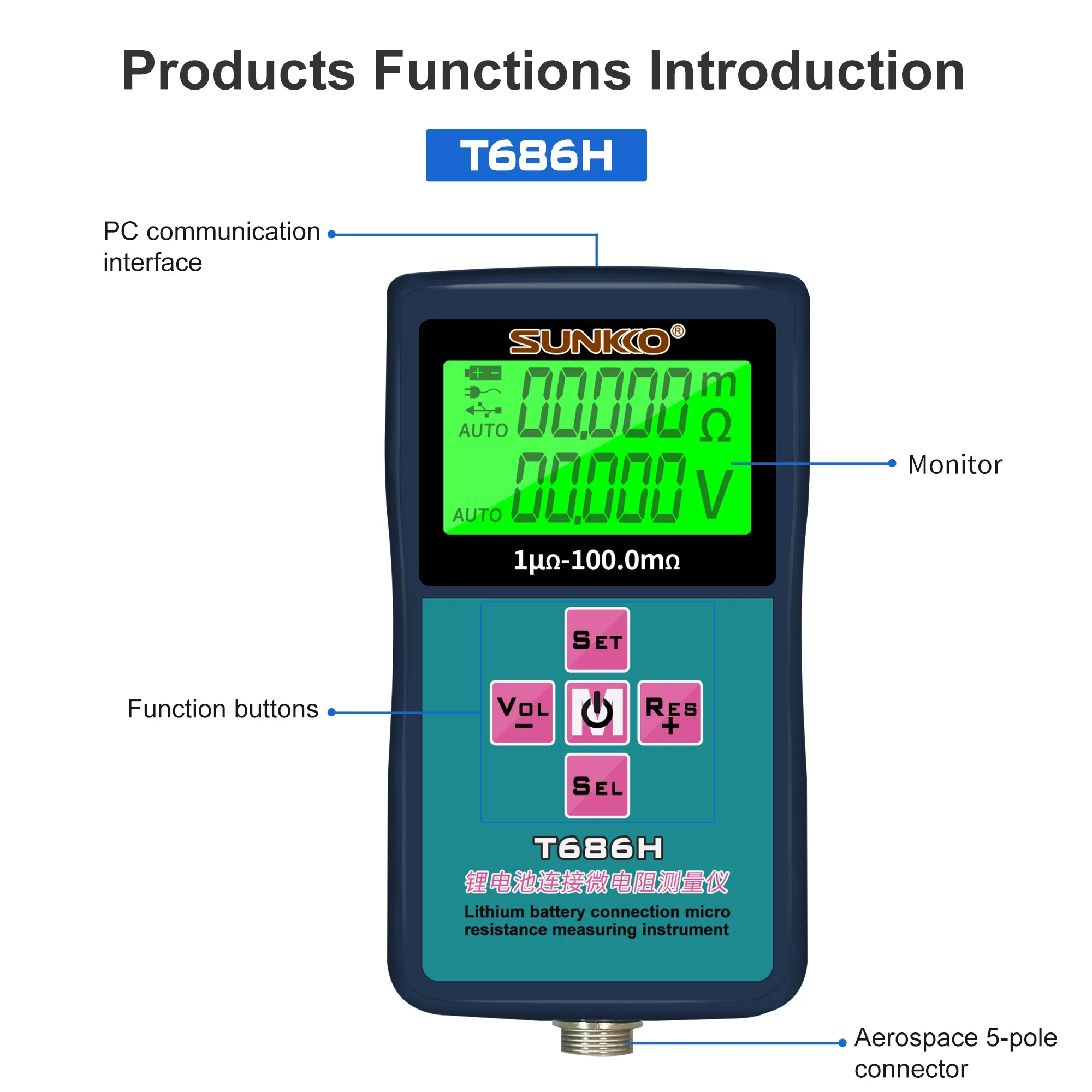 Tester ESR digitale SUNKKO T686H Misuratore di tensione con portata 1μΩ-100mΩ 0,1 mV per litio/super condensatore/UPS
