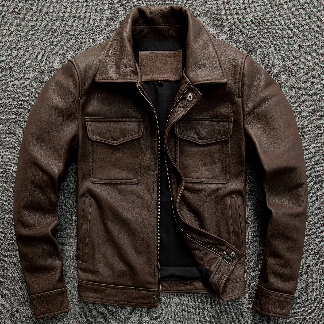 Men's Genuine Cowhide Leather Jacket Vintage Biker Motorcycle Coat Slim Fit Short Casual Brown Leather Jacket