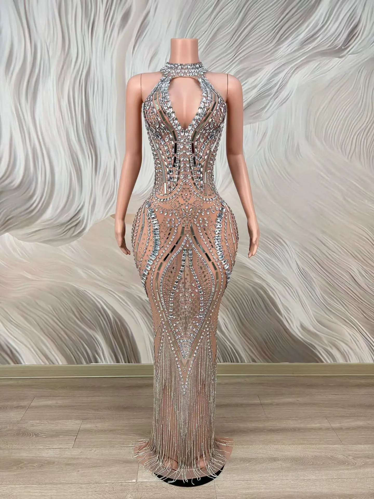Leiyu Elegant Hollow Chest Halter Silver Geometric Crystal Mesh Mermaid Dress Tassel Fringe Hem Bodycon Photoshoot Gown