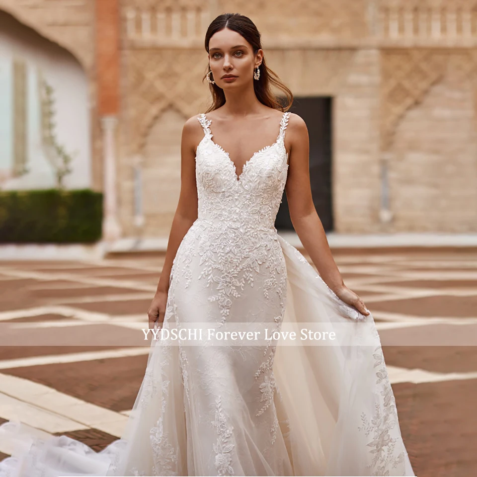 Abiti da sposa eleganti a sirena con gonna staccabile 2025 Spalline con scollo a V Applicazioni di paillettes Sweep Train Abiti da sposa