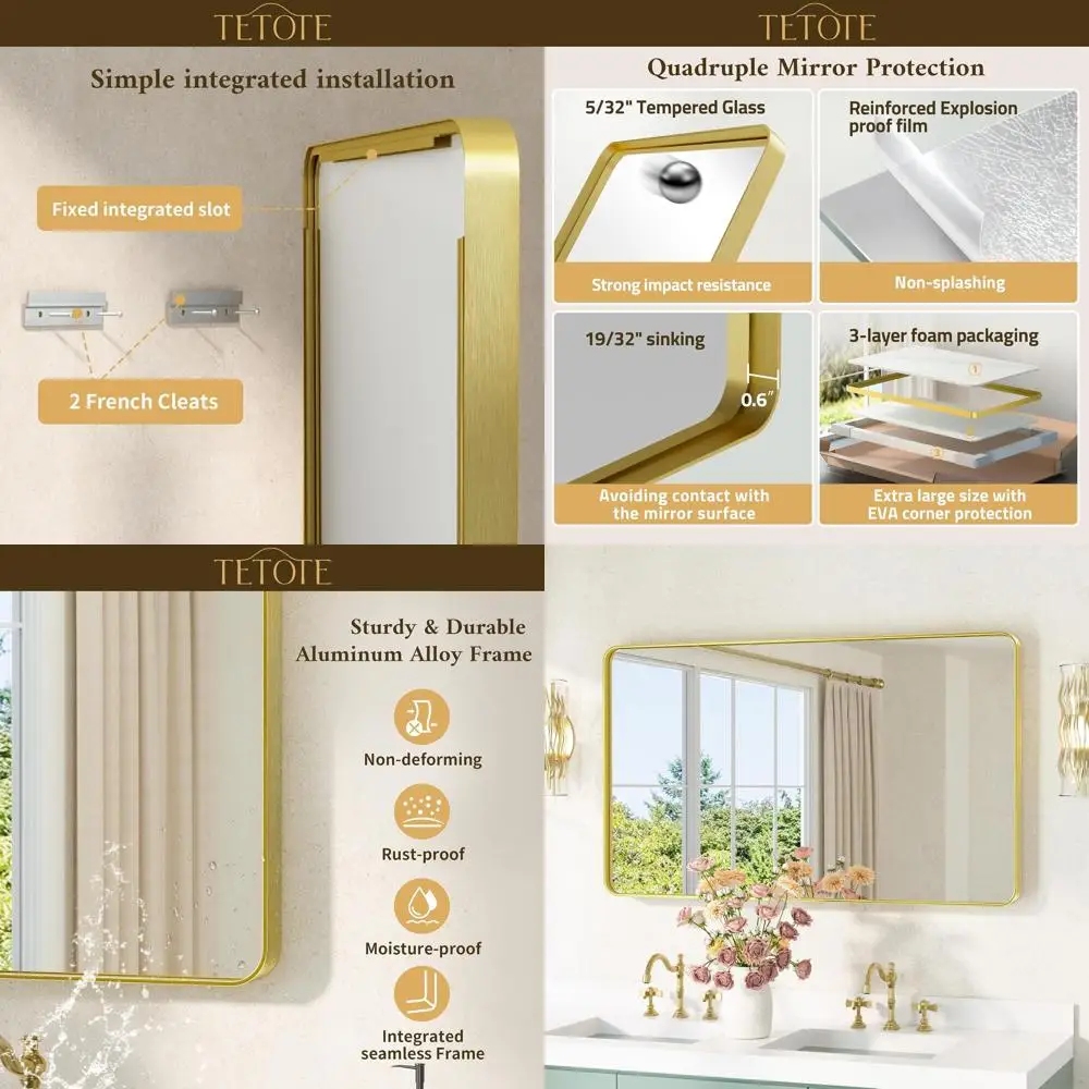 

Зеркало для ванной комнаты из закаленного стекла в золотой рамке 40x24 дюйма, современный стиль фермерского дома, настенное крепление для горизонтального или вертикального подвешивания