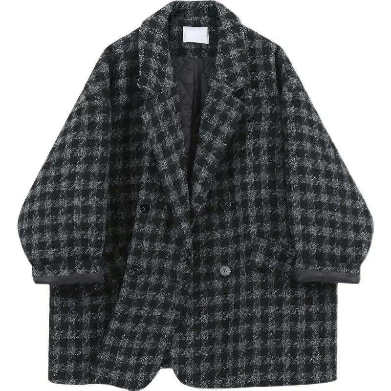 Premium Birdseye Check Wool Coat for Women | Oversized Blazer Jacket, Thickened Warm for All-Season (Autumn, Winter, Spring) w18