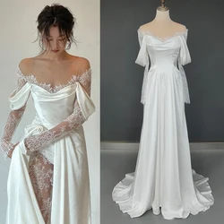 Customized Illusion Tulle Off Shoulder Lace Wedding Gowns Big Size A Line Long Sleeves Ruched Satin High Slit Bridal Dress