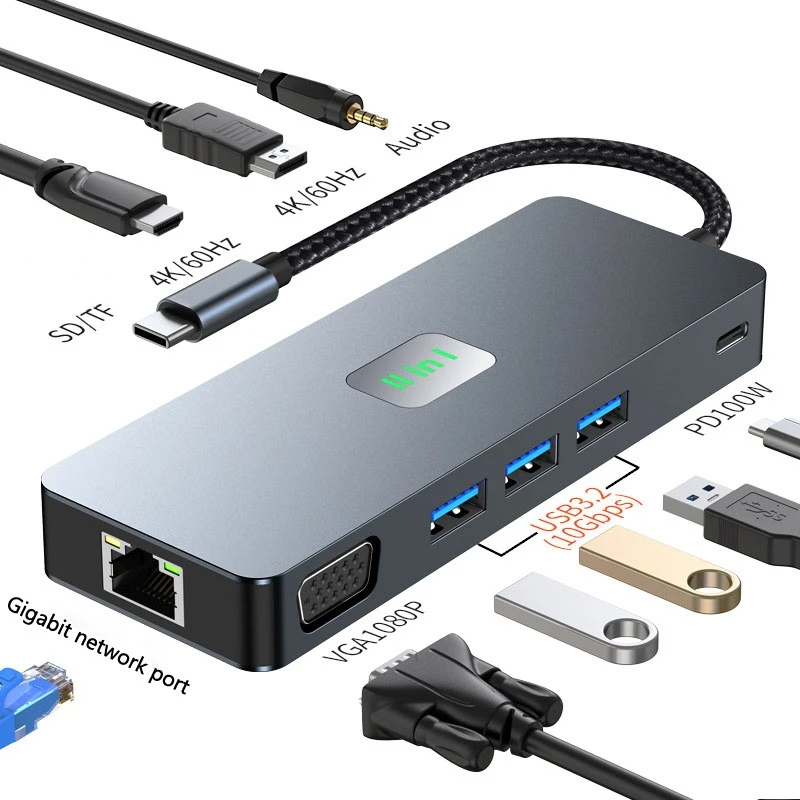 

11 в 1 USB C-концентратор 4K 60 Гц, 3 дисплея, адаптер-сплиттер-концентратор DP 4K RJ45 VGA, 100 Вт, док-станция для ноутбука, USB-концентратор M2 M1