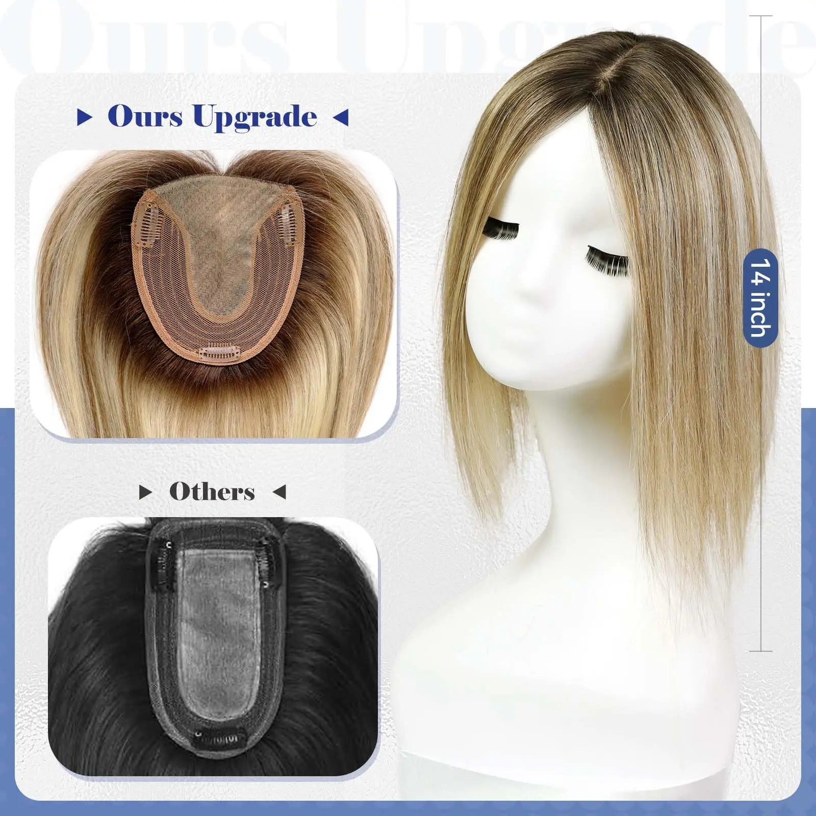 Brown Mixed Blonde Remy Human Hair Toppers Silk Base Clips in Straight 14 Inches Hairpieces Extension for Women 100% Human Hair