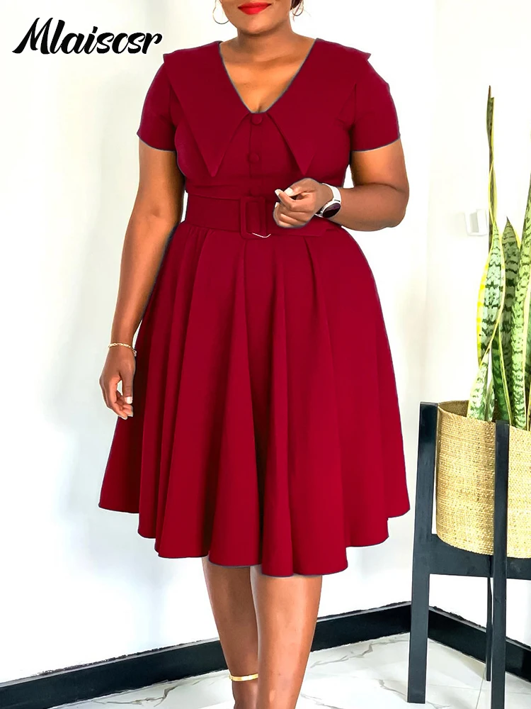 

Mlaiscsr Fashion Pleated A-line Mid Dresses Women Summer Work OL Sundress V Neck Short Sleeve with Belt Party Birthday Vestidos