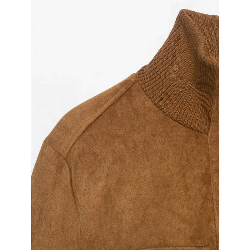 Damen-Jacke aus Wildlederimitat, Herbstkollektion, mit geripptem, hohem Kragen, Reißverschluss, langen Ärmeln und Taschen, kurze Vintage-Oberbekleidung. – Detail 11