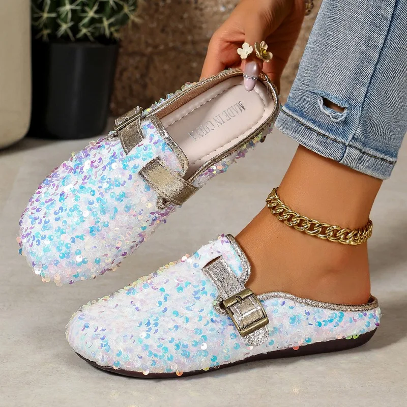 Fashion Trendy Sequin Decor Round Toe Daily Casual Women's Mules 2026 New Simple Buckle Strap Soft Soled Comfort Women Shoes