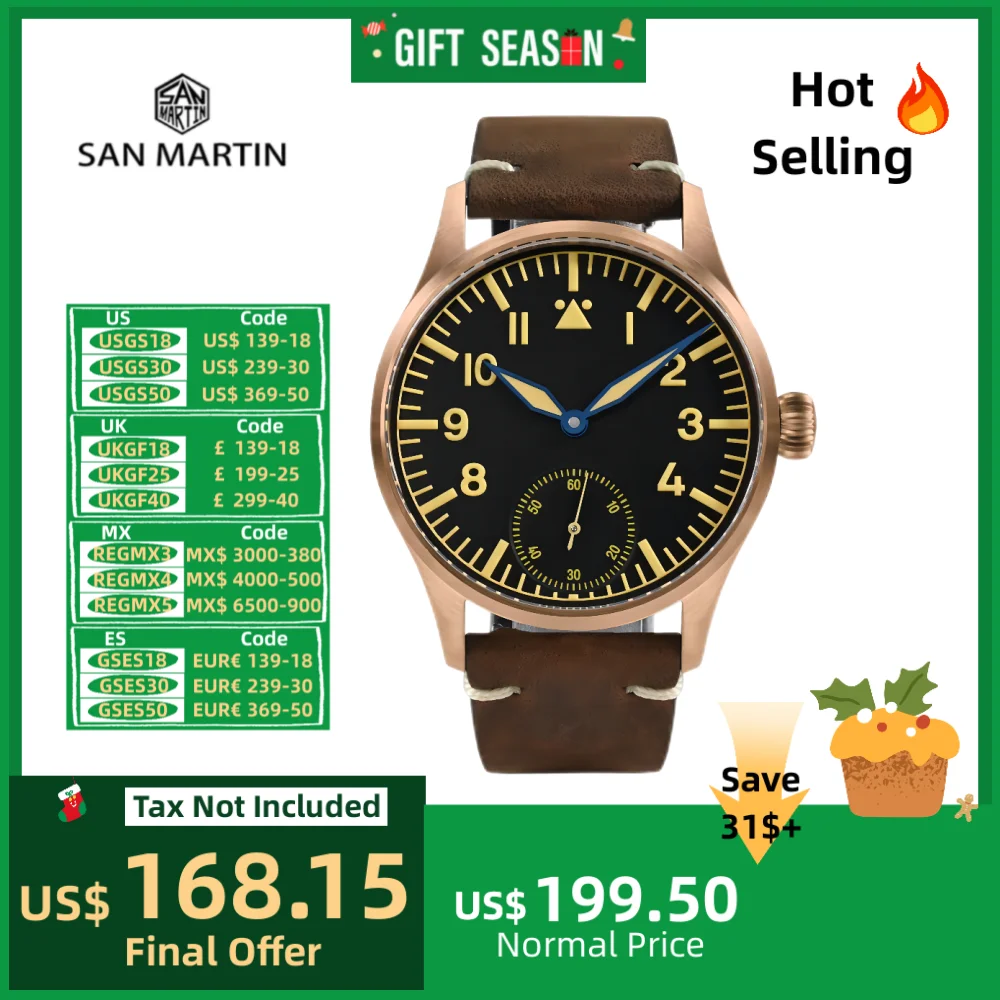 San Martin 41mm Classic NH35 ST3621 Cusn8 Bronze Pilot Watch Mechanical Waterproof 10Bar C3 Lume Simple Men Reloj Hombre SN0117G