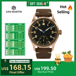 San martin-男性用パイロット腕時計,46mm,クラシック,nh35 st3621,銅,防水,10bar,c3,シンプル,sn0117g