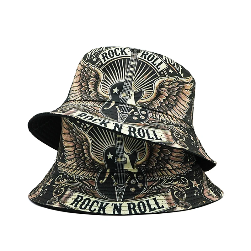 Double Layered Rock Roll Bucket Hat Guitar Printing Fisherman Hats Music Pattern Panama Cap Design Outdoor Street Sun Caps