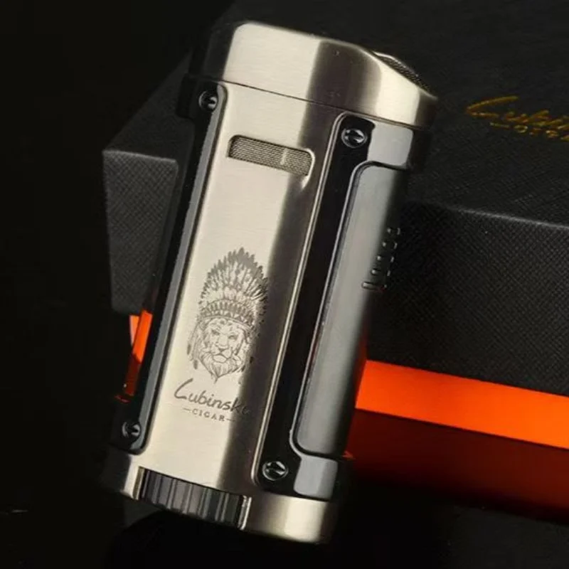 

LUBINSKI уличная ветрозащитная металлическая 4-пожарная зажигалка для сигар с прямым распылением, роскошный портативный фонарик, бутановая газовая зажигалка, мужской элитный подарок